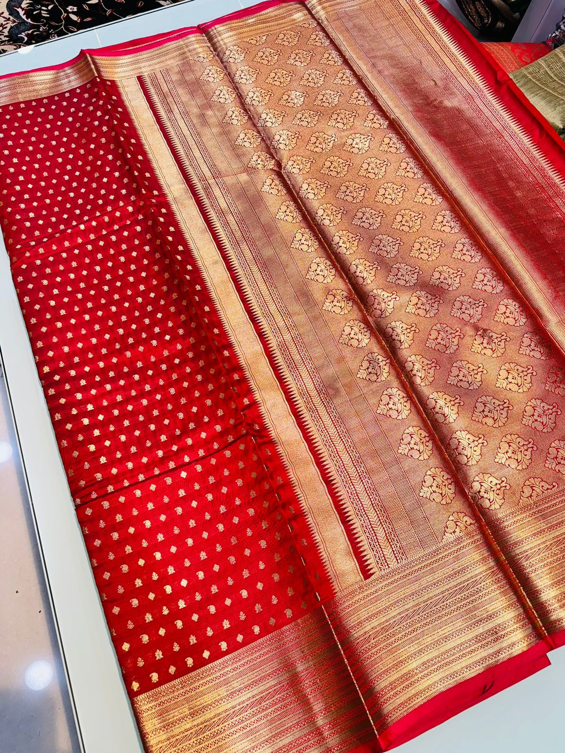 Glamorous Red Soft Banarasi Silk Saree With Ethereal Blouse