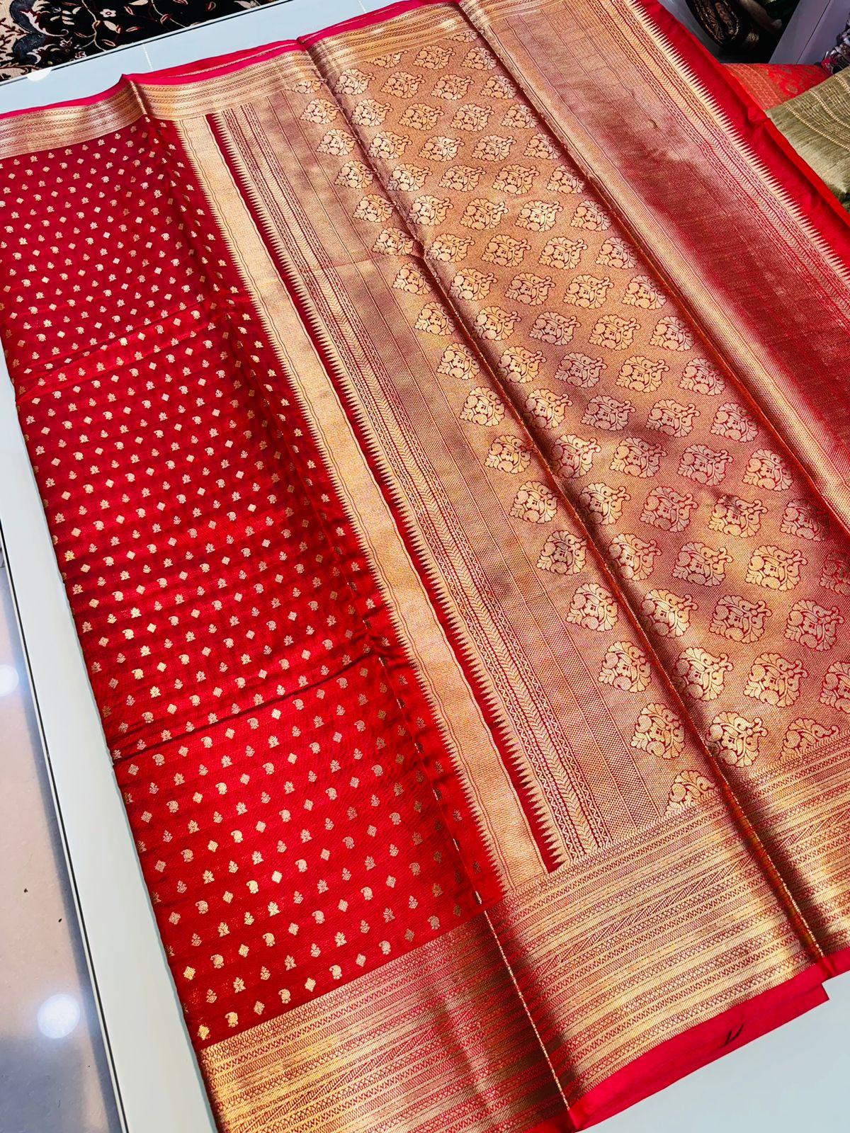 Glamorous Red Soft Banarasi Silk Saree With Ethereal Blouse