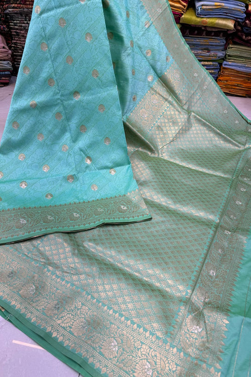 Load image into Gallery viewer, Fairytale Sky Soft Banarasi Silk Saree With Conflate Blouse Piece
