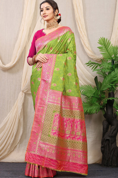 Prodigal Mehndi Banarasi Silk Saree With Redolent Blouse Piece