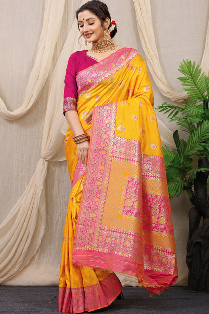 Supernal Mustard Banarasi Silk Saree With Redolent Blouse Piece