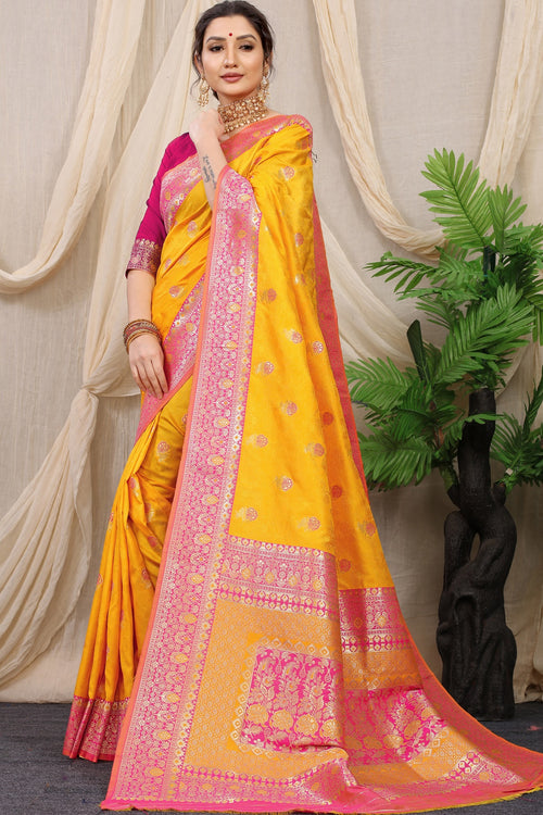 Load image into Gallery viewer, Supernal Mustard Banarasi Silk Saree With Redolent Blouse Piece
