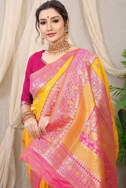 Supernal Mustard Banarasi Silk Saree With Redolent Blouse Piece