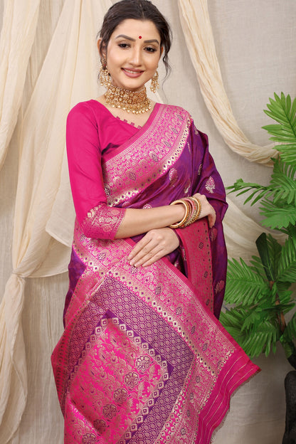Tremendous Purple Banarasi Silk Saree With Redolent Blouse Piece