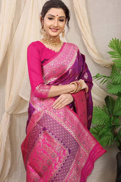 Tremendous Purple Banarasi Silk Saree With Redolent Blouse Piece