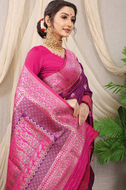Tremendous Purple Banarasi Silk Saree With Redolent Blouse Piece