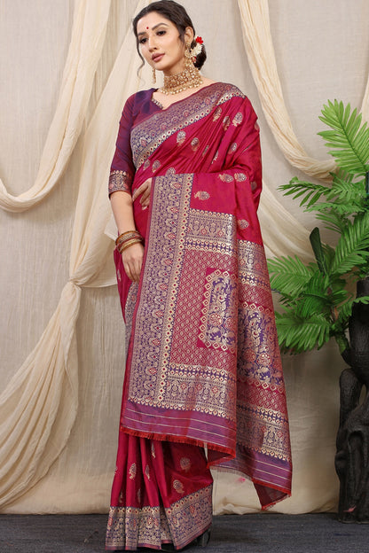 Glittering Wine Banarasi Silk Saree With Redolent Blouse Piece