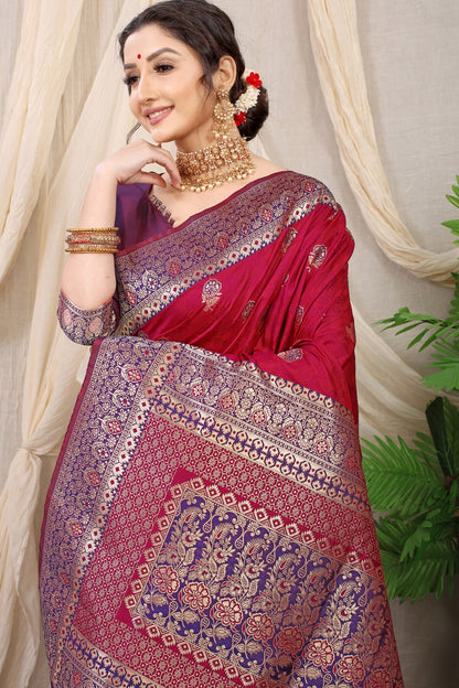 Glittering Wine Banarasi Silk Saree With Redolent Blouse Piece