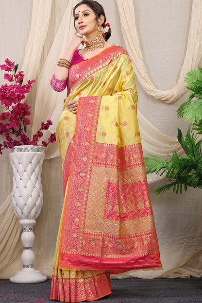 Trendy Yellow Banarasi Silk Saree With Redolent Blouse Piece