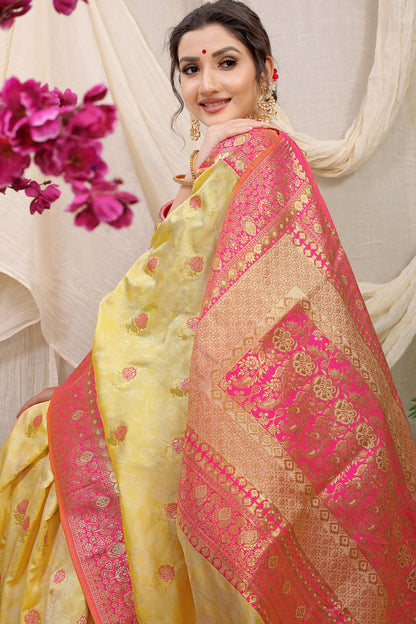 Trendy Yellow Banarasi Silk Saree With Redolent Blouse Piece