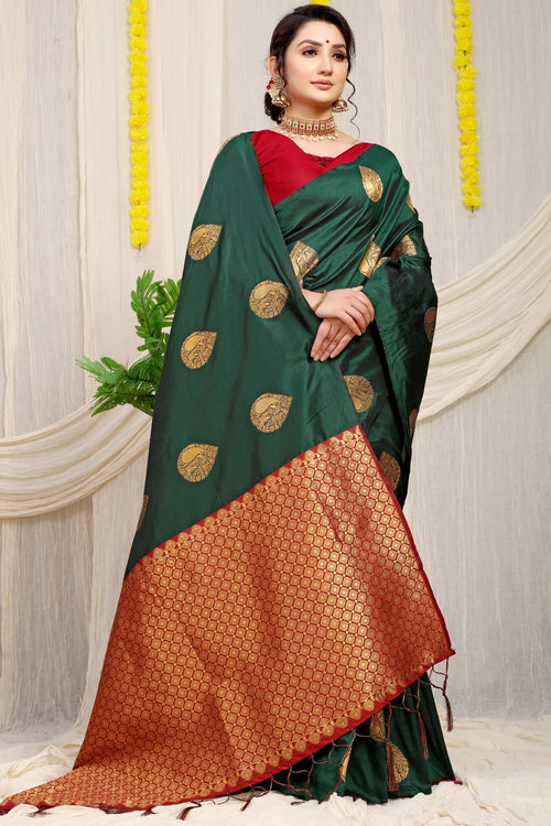 Load image into Gallery viewer, Unique Dark Green Banarasi Silk Saree With Engrossing Blouse Piece
