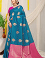 Gratifying Firozi Banarasi Silk Saree With Engrossing Blouse Piece