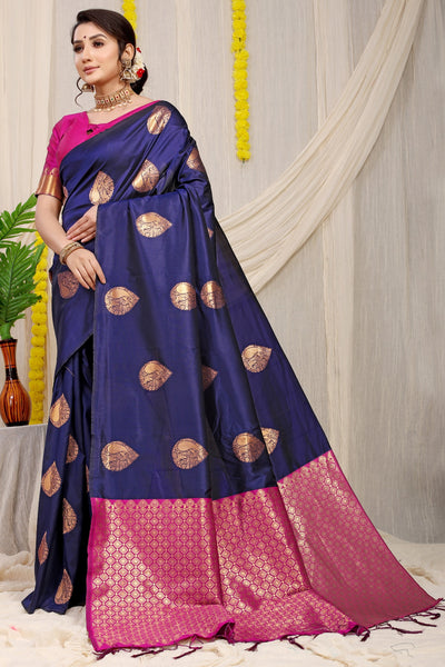 Outstanding Navy Blue Banarasi Silk Saree With Engrossing Blouse Piece