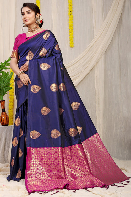 Load image into Gallery viewer, Outstanding Navy Blue Banarasi Silk Saree With Engrossing Blouse Piece
