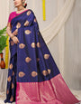 Outstanding Navy Blue Banarasi Silk Saree With Engrossing Blouse Piece
