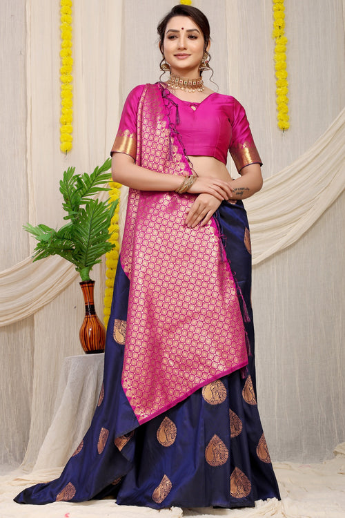 Load image into Gallery viewer, Outstanding Navy Blue Banarasi Silk Saree With Engrossing Blouse Piece
