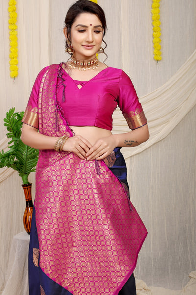 Outstanding Navy Blue Banarasi Silk Saree With Engrossing Blouse Piece