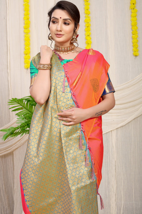 Load image into Gallery viewer, Invaluable Peach Banarasi Silk Saree With Engrossing Blouse Piece
