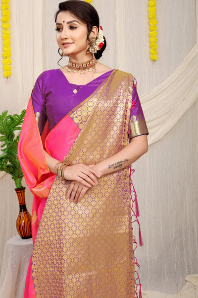 Staring Pink Banarasi Silk Saree With Engrossing Blouse Piece