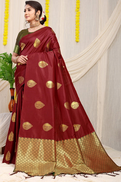 Glowing Wine Banarasi Silk Saree With Engrossing Blouse Piece