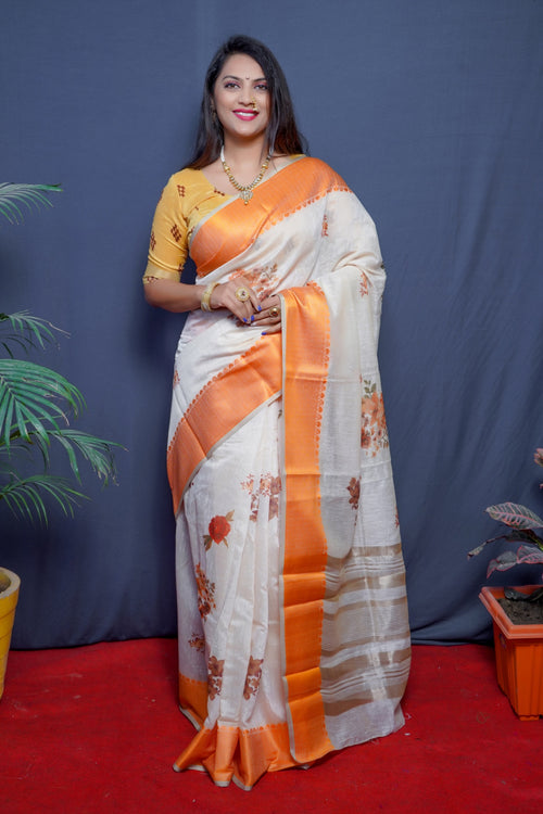 Load image into Gallery viewer, Marvellous Beige Linen Silk Saree With Glorious Blouse Piece

