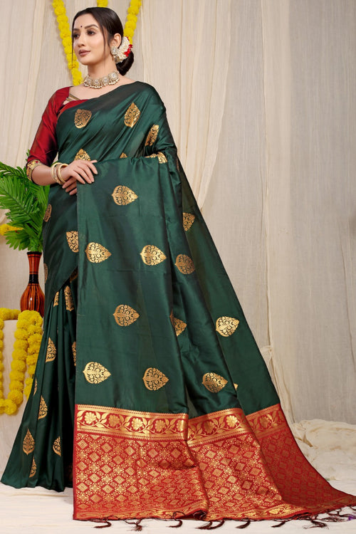 EKKTARA Saree For Women Pine Green Designer Satin Paithani Saree With –  Ekktara