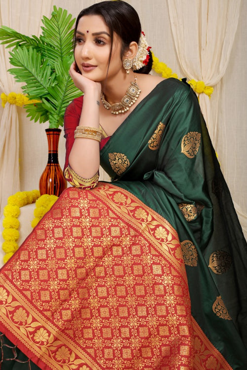 Load image into Gallery viewer, Designer Dark Green Banarasi Silk Saree With Smart Blouse Piece
