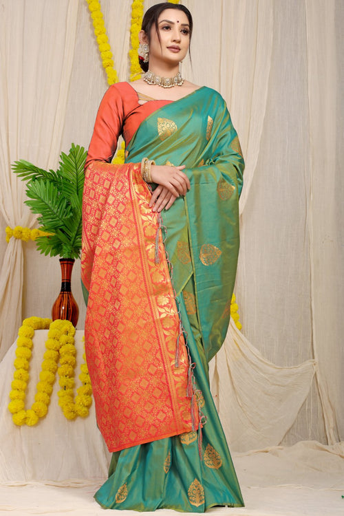 Load image into Gallery viewer, Adorable Green Banarasi Silk Saree With Captivating  Blouse Piece
