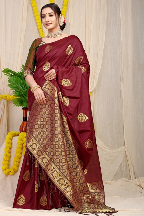 Load image into Gallery viewer, Exceptional Maroon Banarasi Silk Saree With Prominent Blouse Piece
