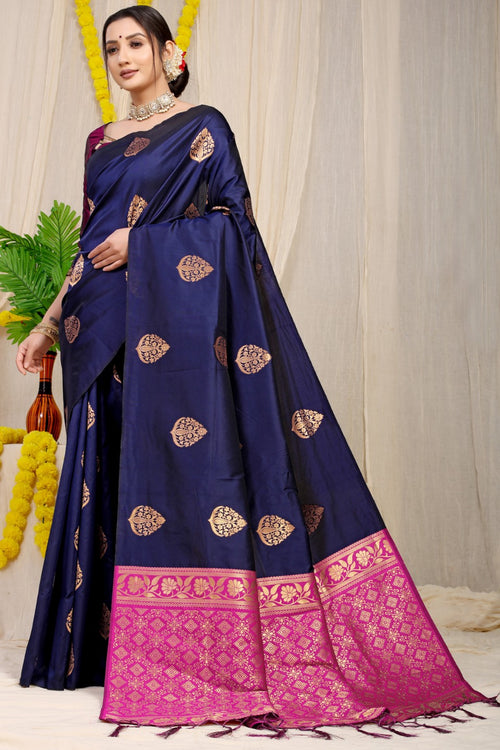 Load image into Gallery viewer, Mesmeric Navy Blue Banarasi Silk Saree With Pleasant Blouse Piece
