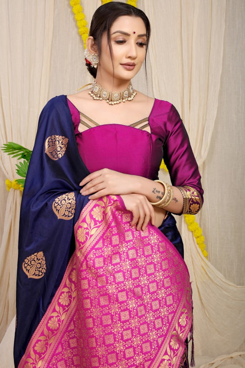 Load image into Gallery viewer, Mesmeric Navy Blue Banarasi Silk Saree With Pleasant Blouse Piece
