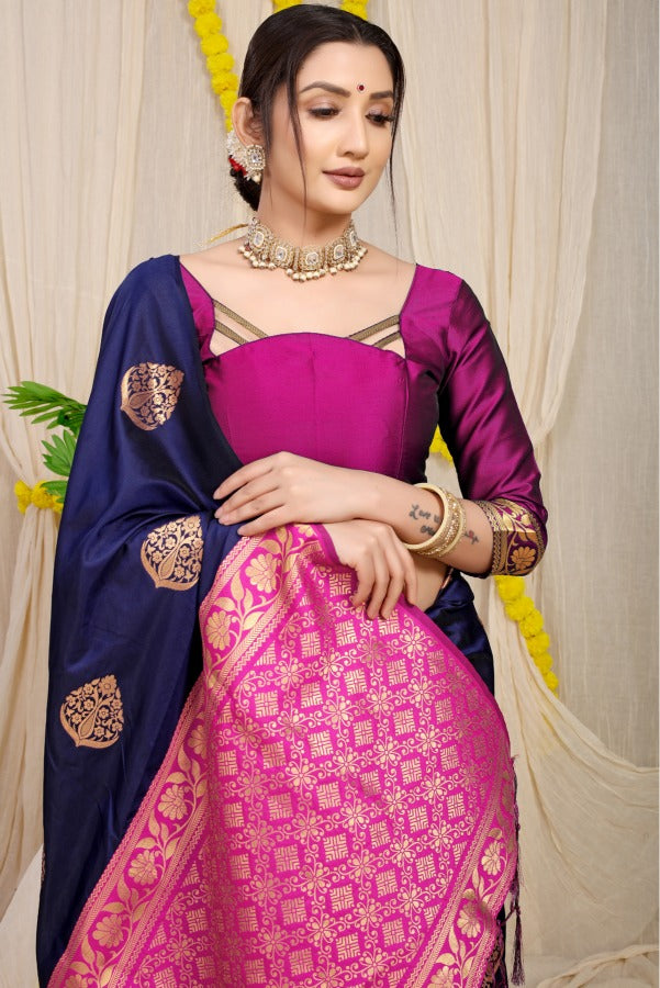 Mesmeric Navy Blue Banarasi Silk Saree With Pleasant Blouse Piece