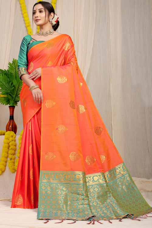 Load image into Gallery viewer, Appealing Peach Banarasi Silk Saree With Blooming Blouse Piece
