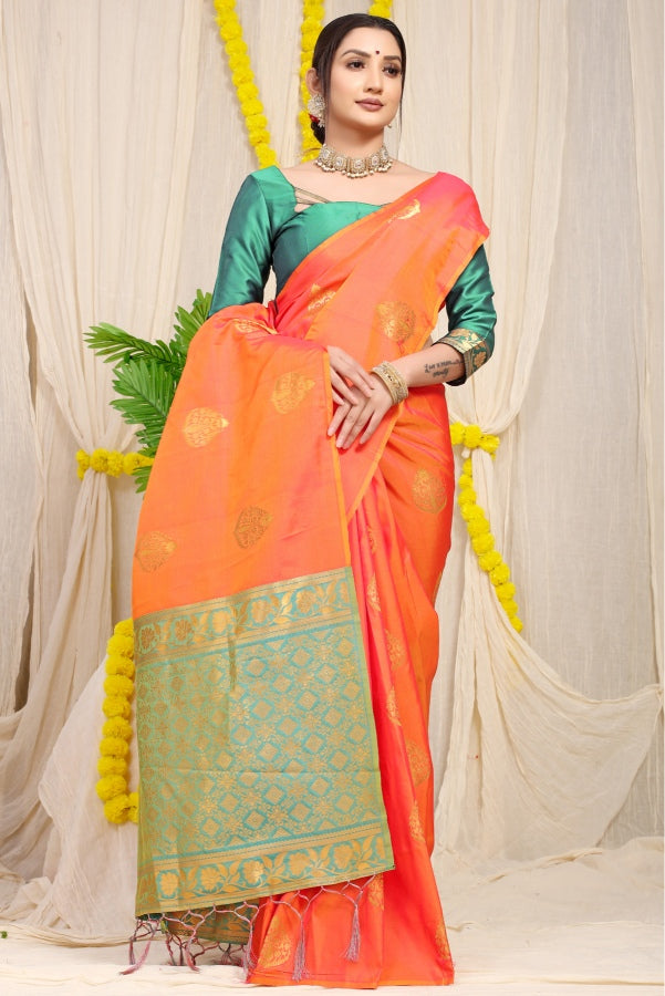 Appealing Peach Banarasi Silk Saree With Blooming Blouse Piece