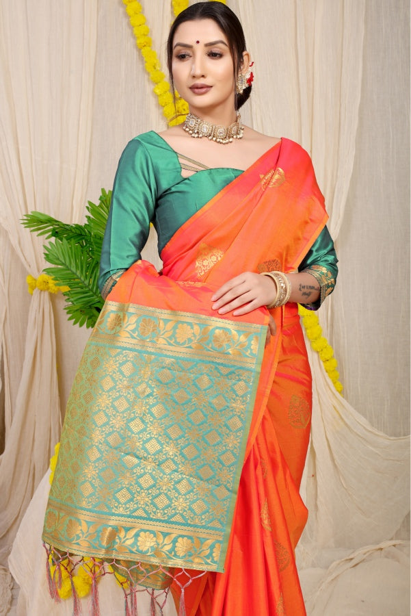 Appealing Peach Banarasi Silk Saree With Blooming Blouse Piece