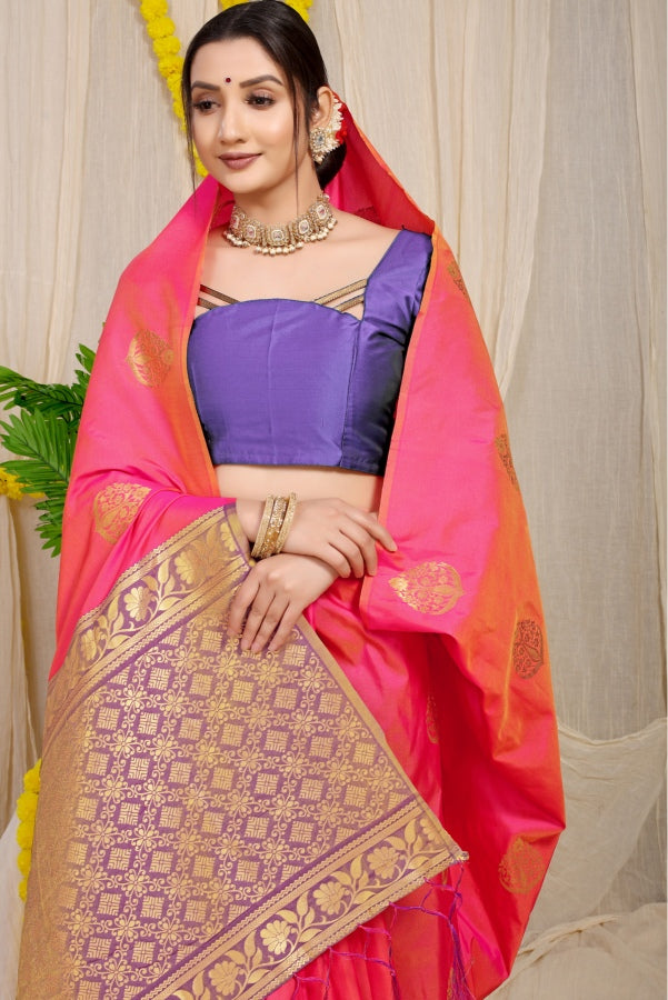 Glorious Pink Banarasi Silk Saree With Inspiring Blouse Piece