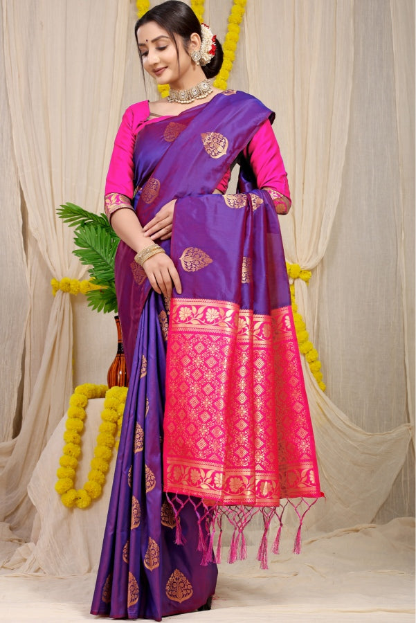 Stunner Purple Banarasi Silk Saree With Fairytale Blouse Piece