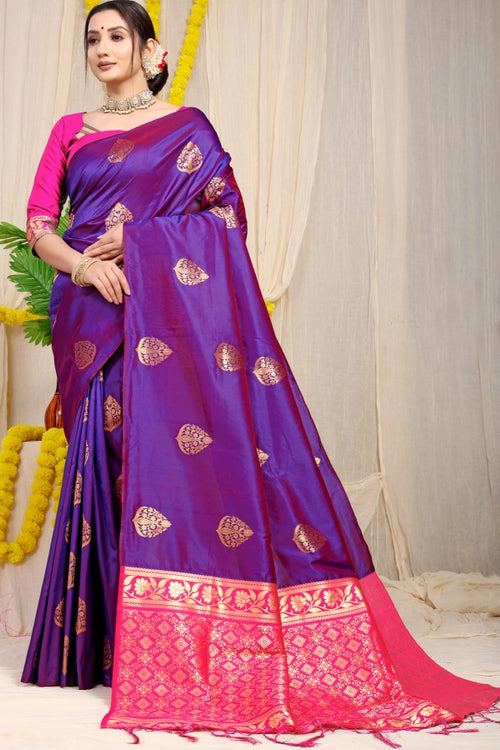 Load image into Gallery viewer, Stunner Purple Banarasi Silk Saree With Fairytale Blouse Piece
