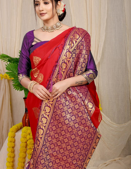 A dreamy Red Banarasi Silk Saree With Adoring Blouse Piece
