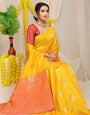 Conflate Yellow Banarasi Silk Saree With Ailurophile Blouse Piece