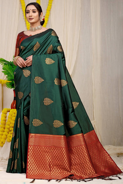 Gorgeous Dark Green Soft Banarasi Silk Saree With Lissome Blouse Piece