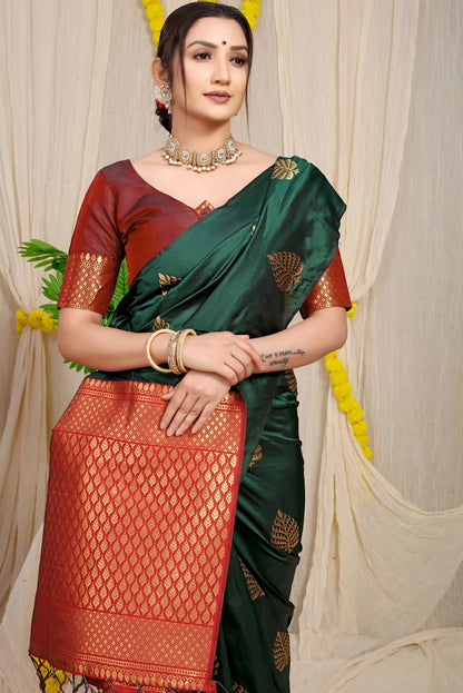 Gorgeous Dark Green Soft Banarasi Silk Saree With Lissome Blouse Piece