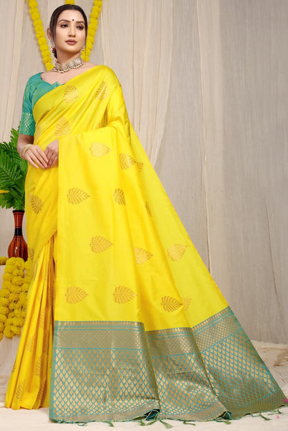 Sophisticated Lemon Soft Banarasi Silk Saree With Lissome Blouse Piece