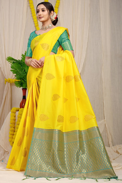 Sophisticated Lemon Soft Banarasi Silk Saree With Lissome Blouse Piece