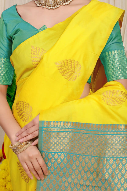 Sophisticated Lemon Soft Banarasi Silk Saree With Lissome Blouse Piece