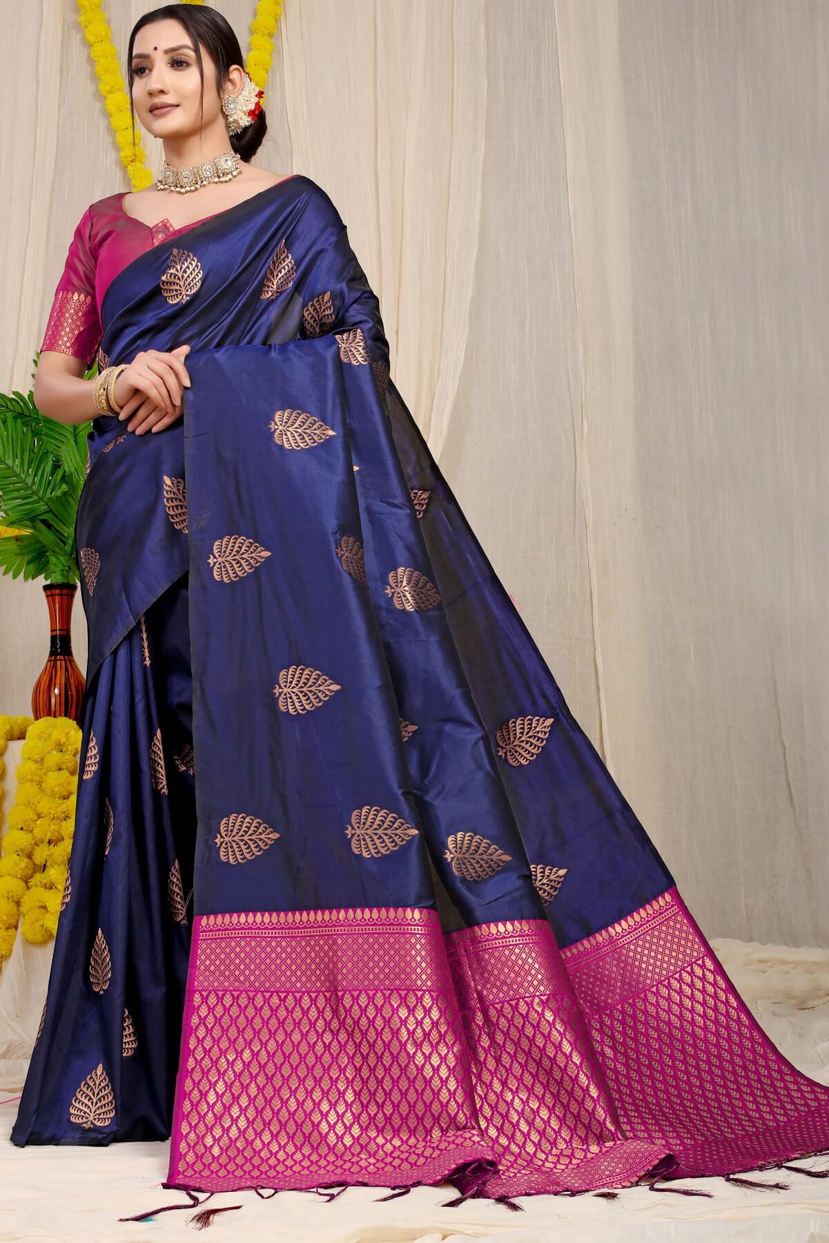 Girlish Navy Blue Soft Banarasi Silk Saree With Lissome Blouse Piece