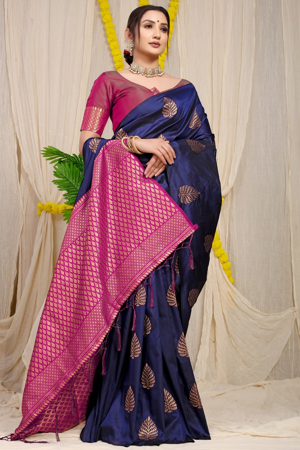 Girlish Navy Blue Soft Banarasi Silk Saree With Lissome Blouse Piece