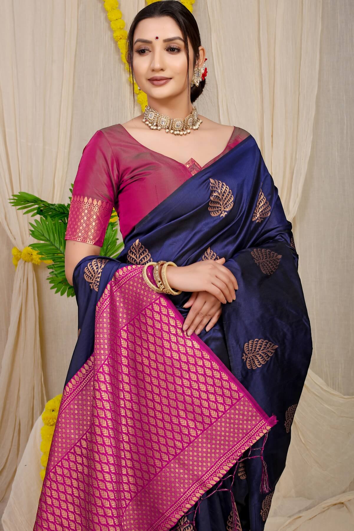 Girlish Navy Blue Soft Banarasi Silk Saree With Lissome Blouse Piece
