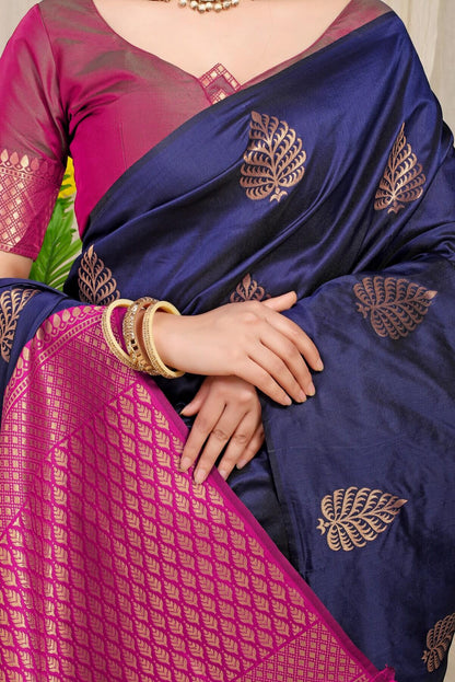Girlish Navy Blue Soft Banarasi Silk Saree With Lissome Blouse Piece