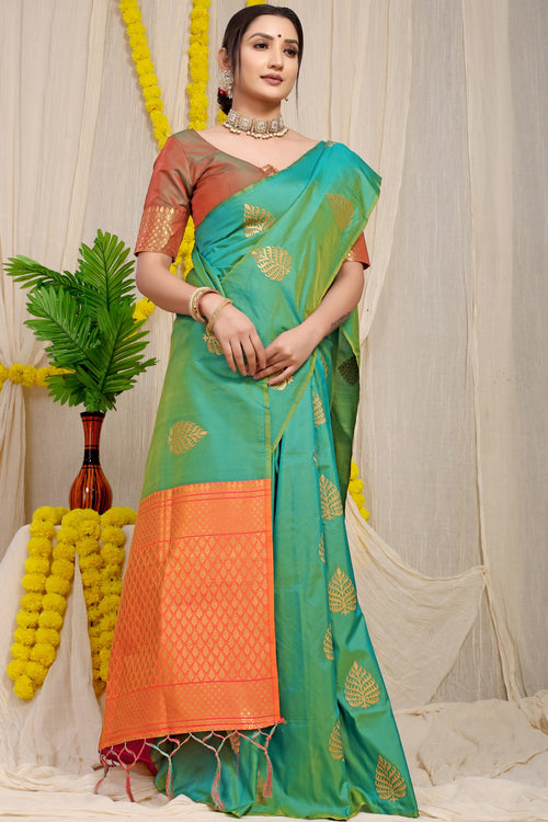 Load image into Gallery viewer, Super extravagant Sea Green Soft Banarasi Silk Saree With Lissome Blouse Piece
